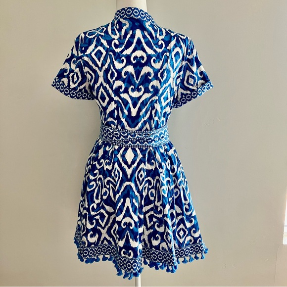 Alice + Olivia Lucy Mini Shirt Dress Pom Pom Hem *Pockets* Blue and White Size 6 - Picture 2 of 15